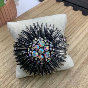 Aurora Borealis Rhinestone Sunburst Flower Silver Tone Cuff Bracelet